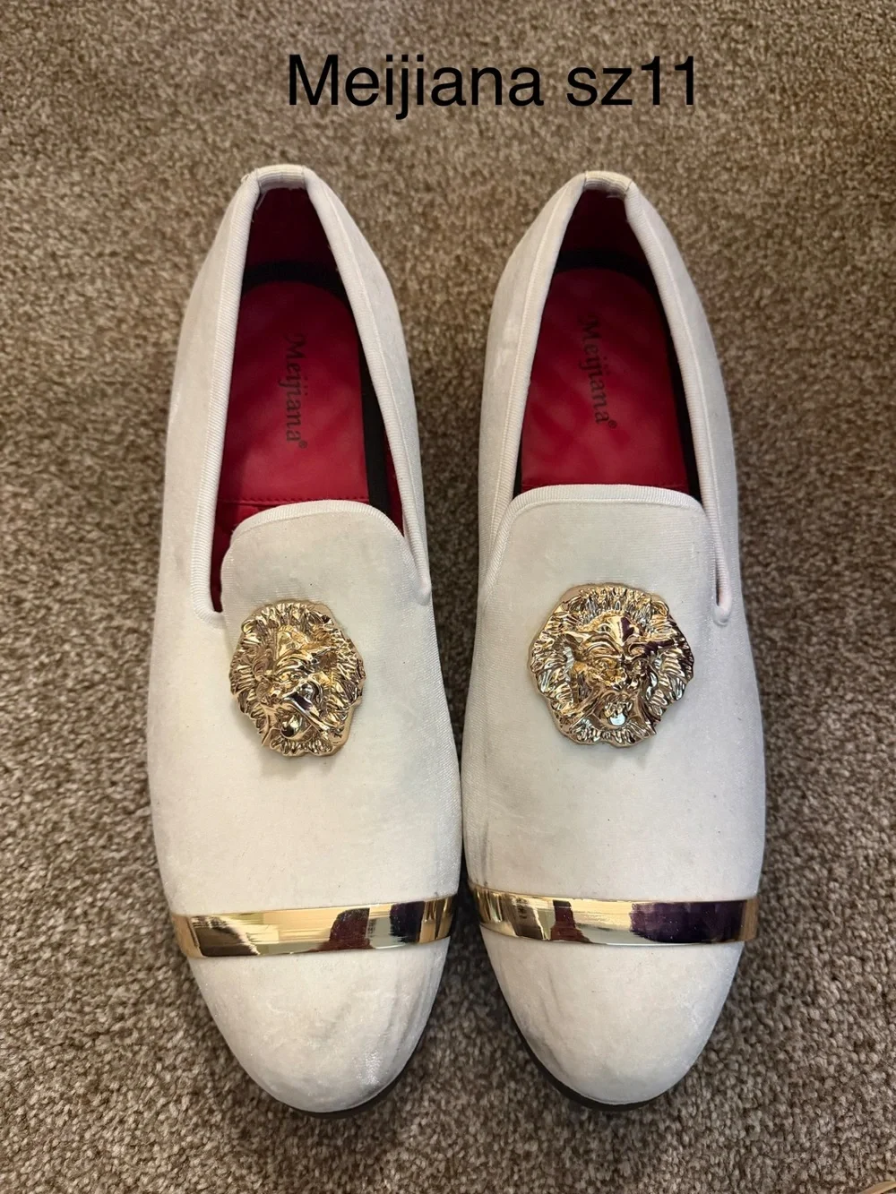Mens White Suede Slip-On Loafers with Gold Lion Accent